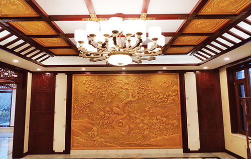 绥阳中式别墅客厅中式木作横梁吊顶装饰展示