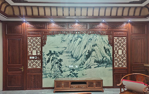 绥阳中式仿古别墅客厅背景墙花格木作装饰